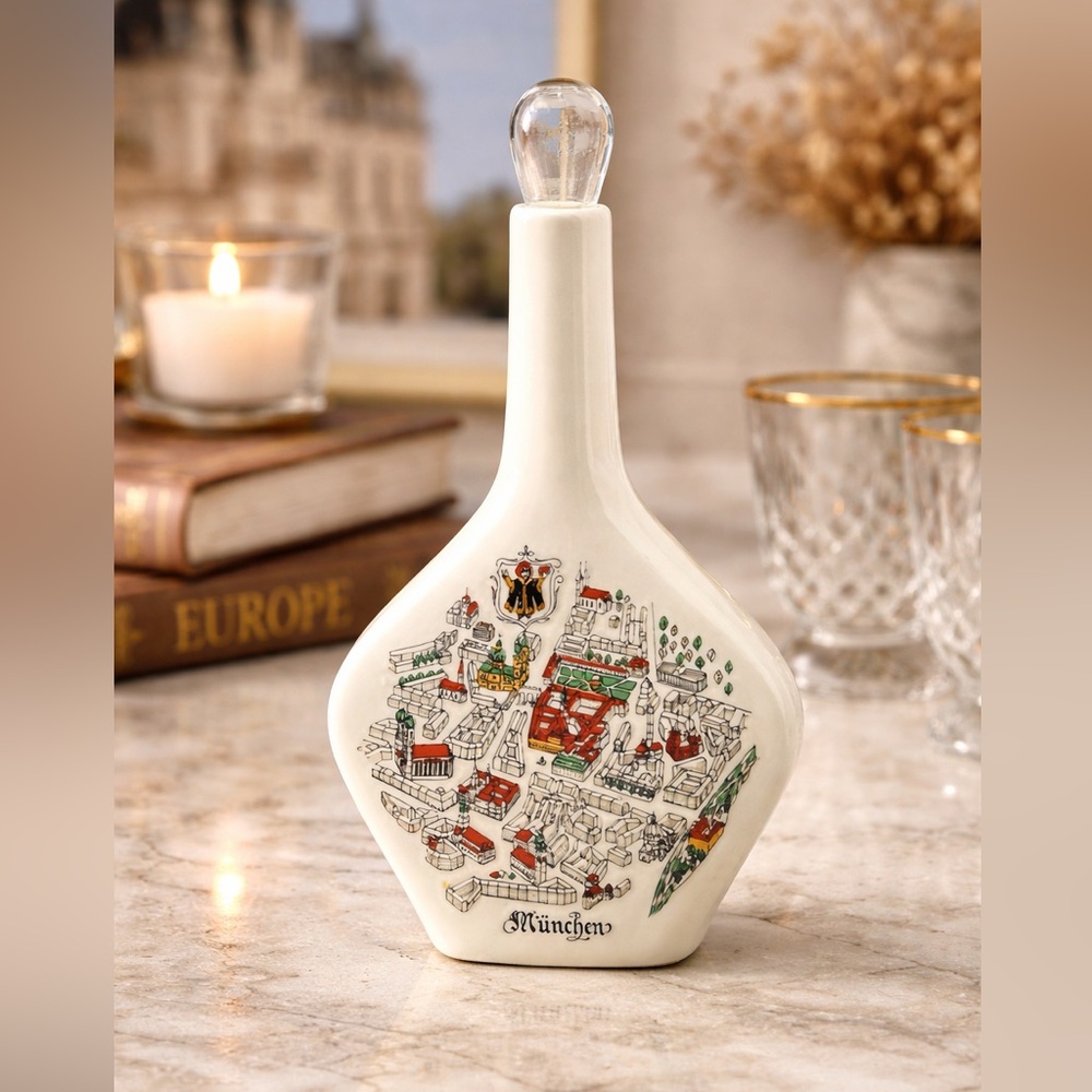 München Germany Ceramic Decanter Bottle with Map Design & Glass Stopper 6”